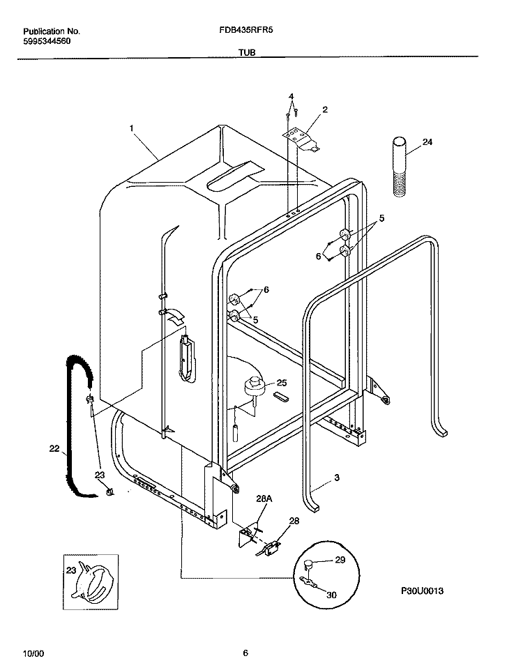 TUB Diagram and Parts List for FDB435RFR5  Frigidaire Dishwasher