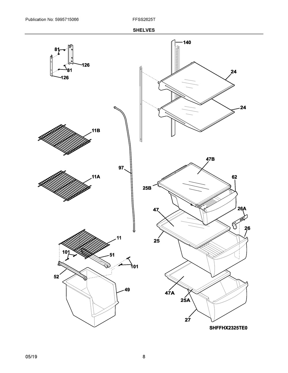 Shelves Diagram and Parts List for FFSS2625TP1  Frigidaire Refrigerator