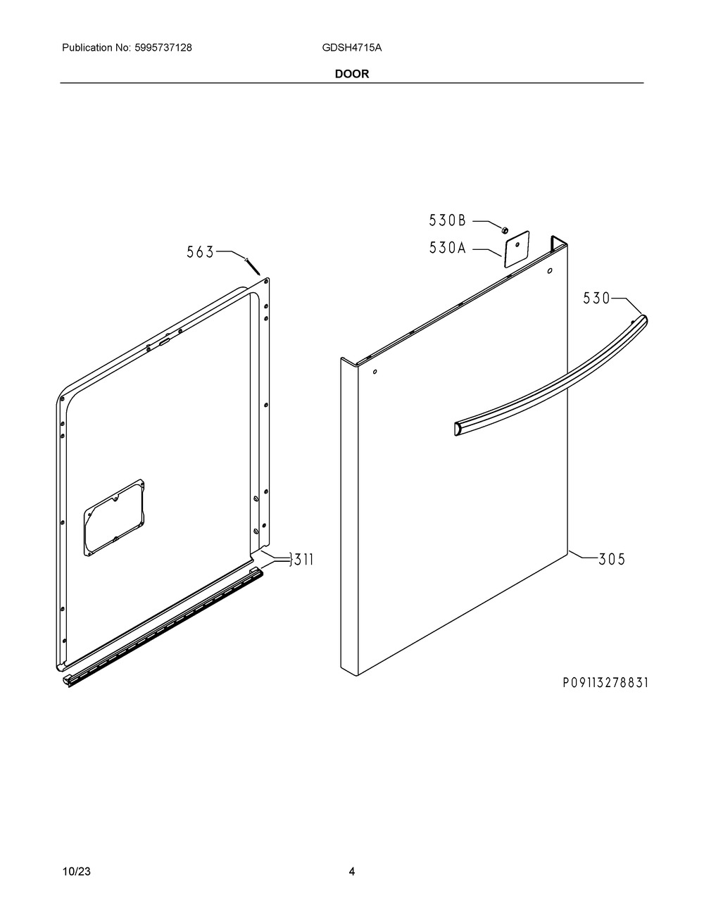 Door Diagram and Parts List for GDSH4715AD0A  Frigidaire Dishwasher