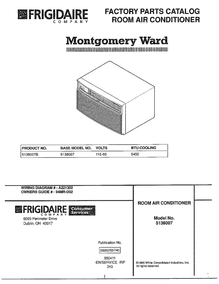 Room Air Conditioner Diagram and Parts List for 5138007  Frigidaire Air Conditioner