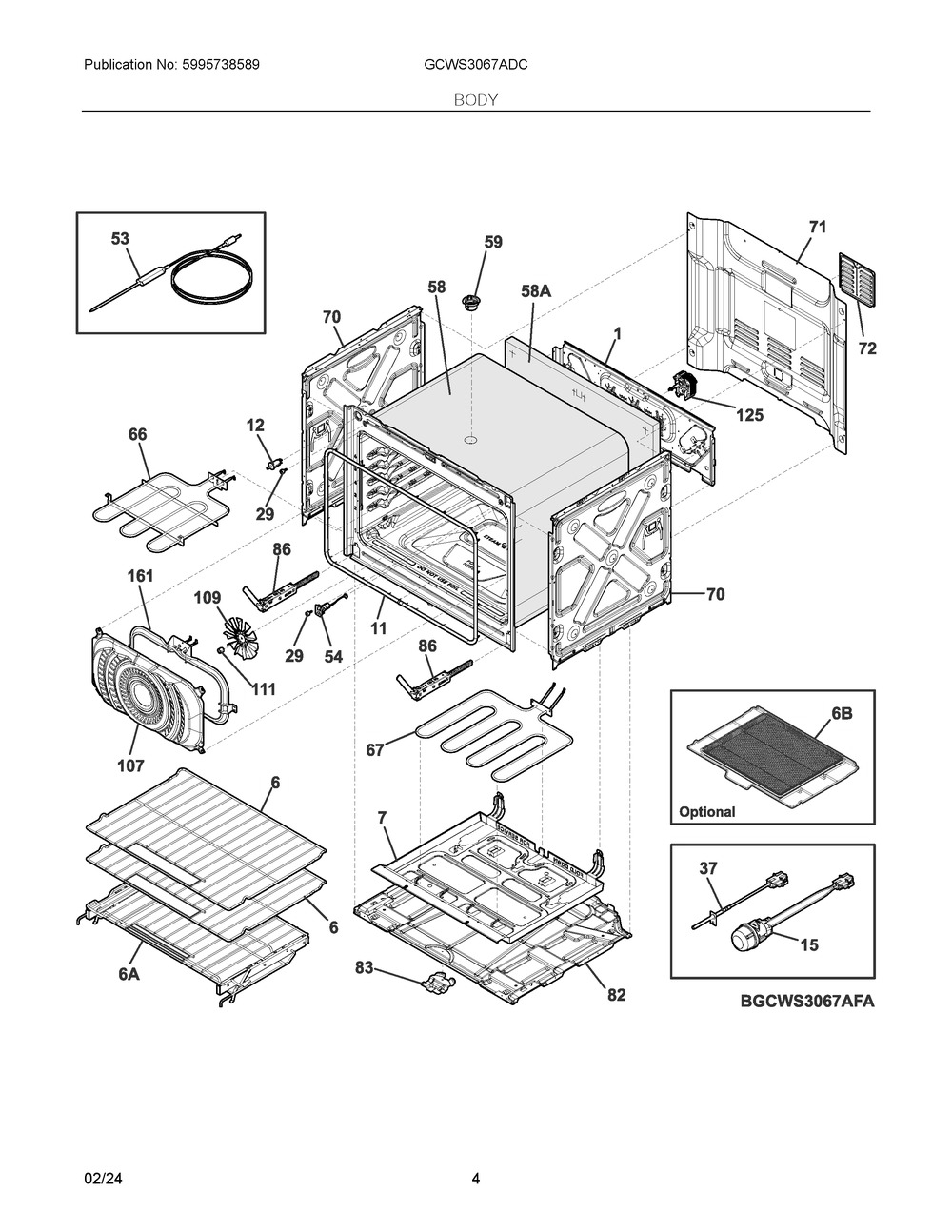 Body Diagram and Parts List for GCWS3067ADC  Frigidaire Wall Oven