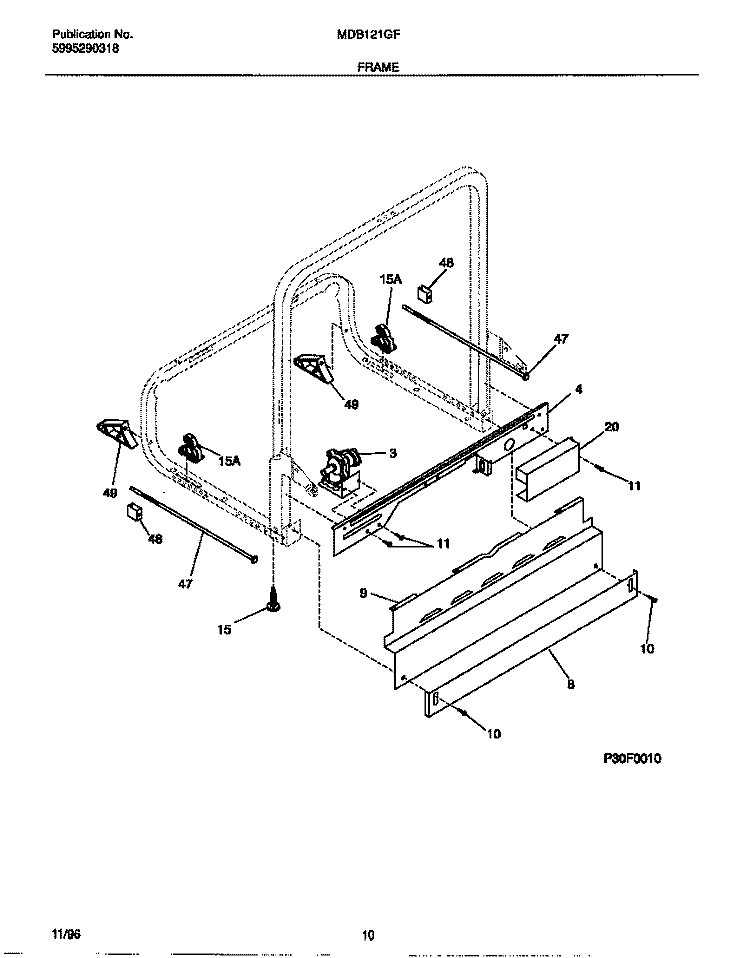 FRAME Diagram and Parts List for MDB121GFR1  Frigidaire Dishwasher
