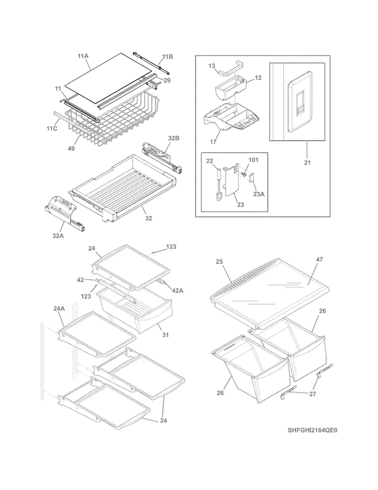 Shelves Diagram and Parts List for FGHI2164QP0  Frigidaire Refrigerator