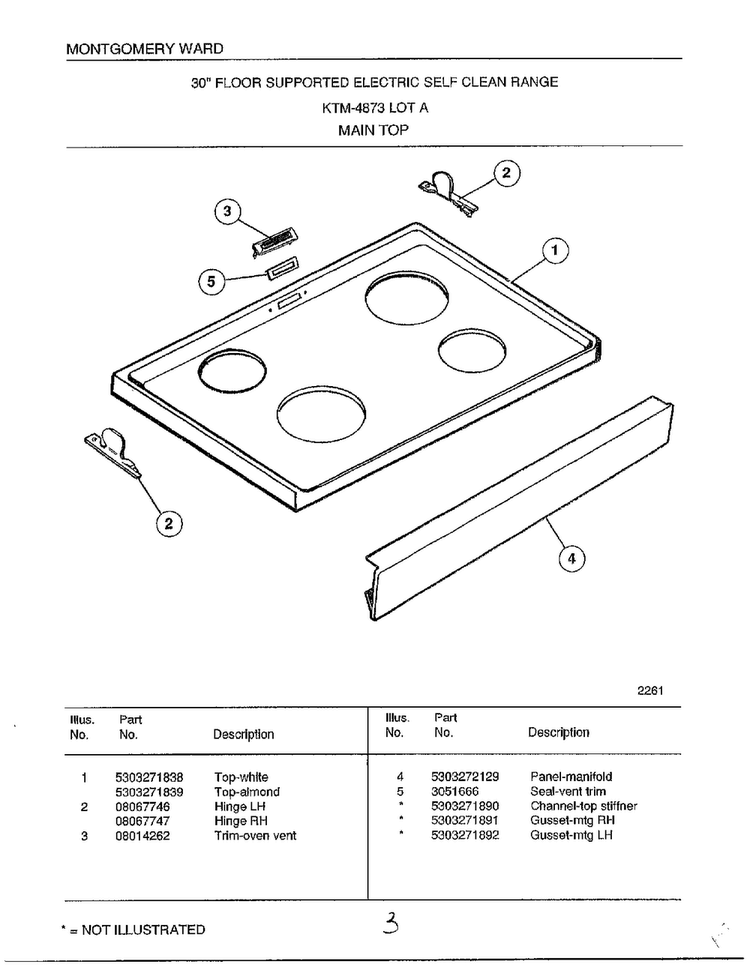 Main Top Diagram and Parts List for 4873A  Frigidaire Range