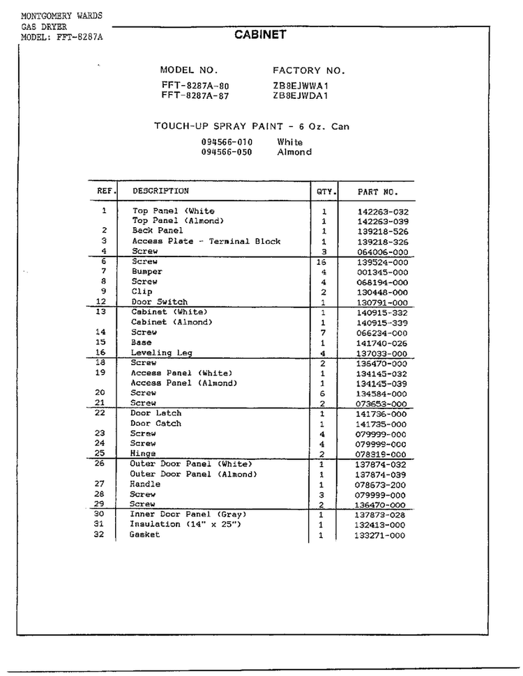 Cabinet Page 2 Diagram and Parts List for 8287A  Frigidaire Dryer