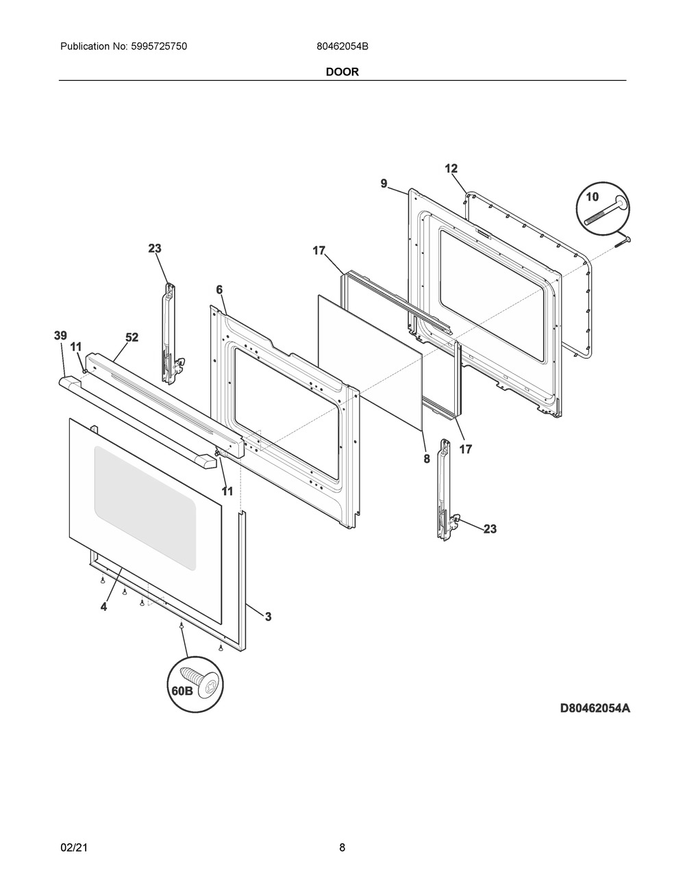 Door Diagram and Parts List for 80462054B  Frigidaire Range
