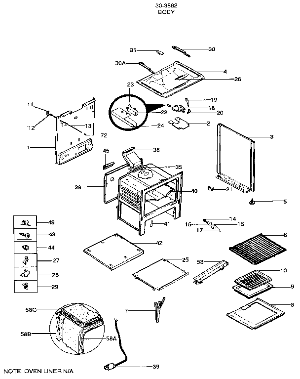 Body Diagram and Parts List for 30-3882  Tappan Range