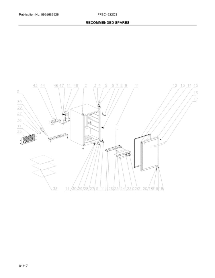 Recommended Spares Diagram and Parts List for FFBC4622QS  Frigidaire Wine and Beverage Cooler