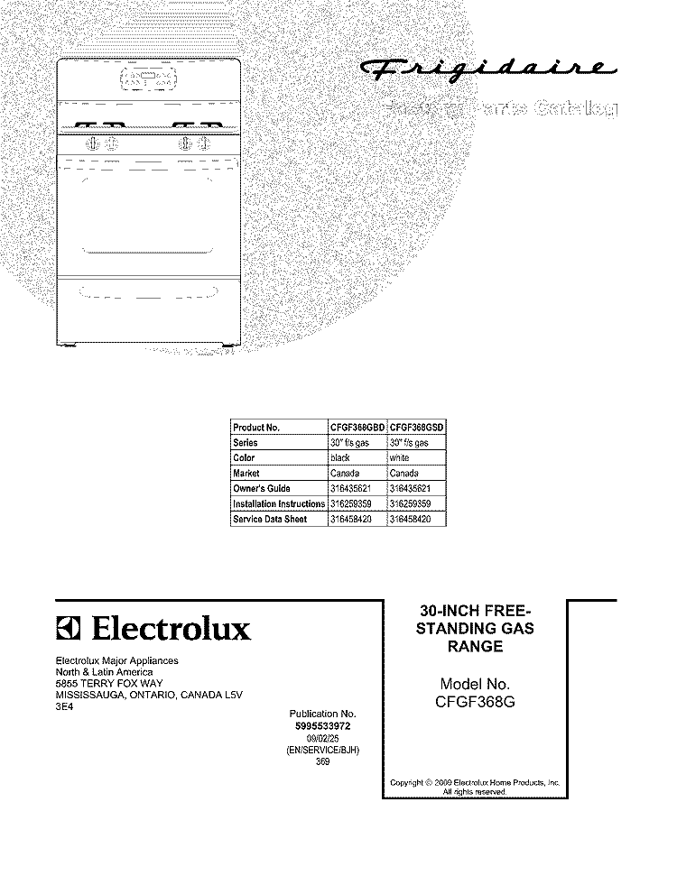 COVER Diagram and Parts List for CFGF368GBD  Frigidaire Range