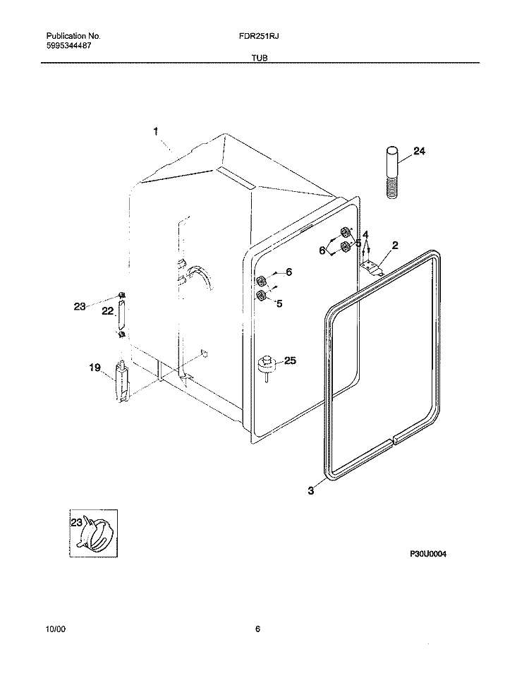 TUB Diagram and Parts List for FDR251RJS0  Frigidaire Dishwasher