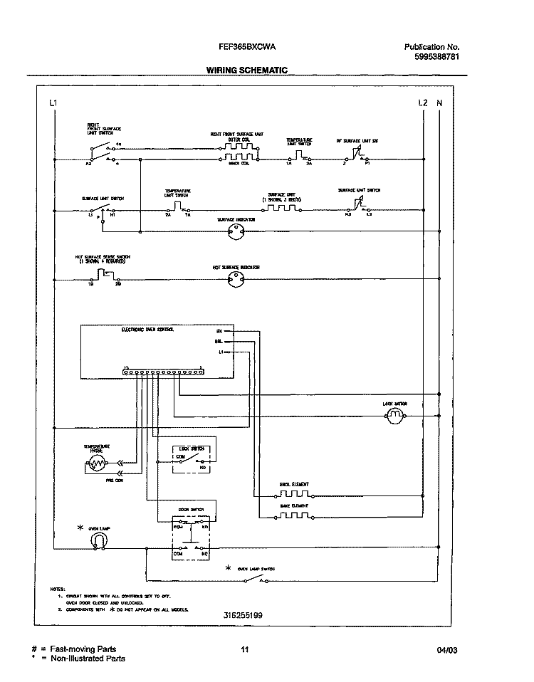 WIRING SCHEMATIC Diagram and Parts List for FEF365BXCWA  Frigidaire Range