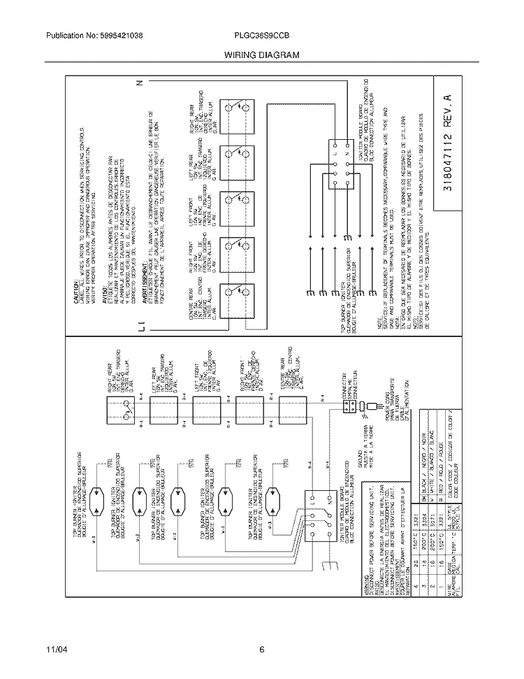 WIRING DIAGRAM Diagram and Parts List for PLGC36S9CCB  Frigidaire Cooktop
