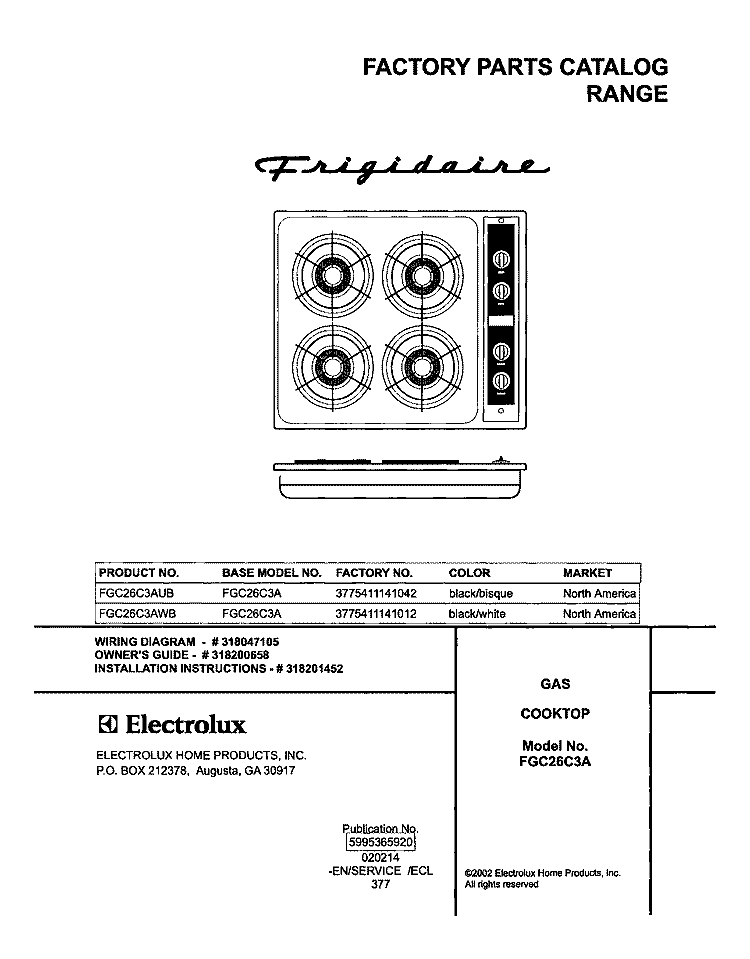 COVER Diagram and Parts List for FGC26C3AWB  Frigidaire Cooktop
