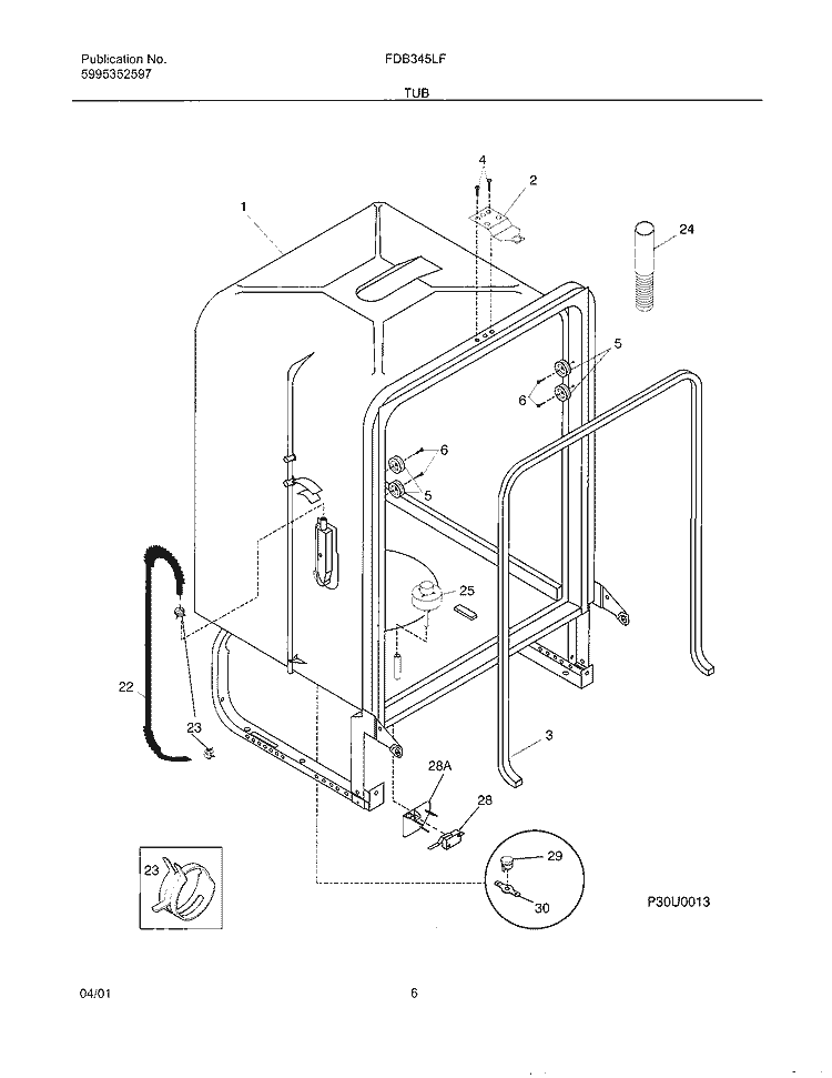 TUB Diagram and Parts List for FDB345LFS2  Frigidaire Dishwasher