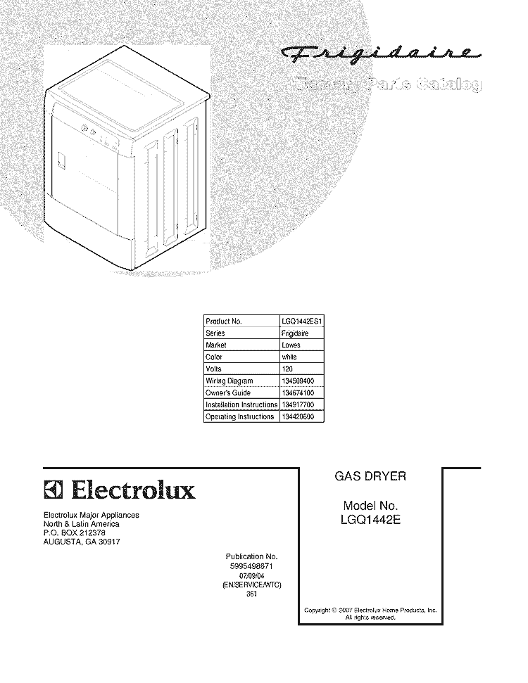 COVER Diagram and Parts List for LGQ1442ES1  Frigidaire Dryer