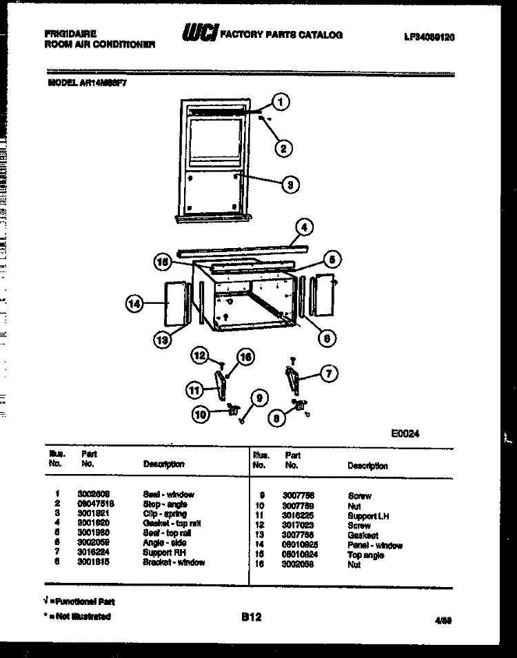WINDOW MOUNTING PARTS Diagram and Parts List for AR14MS8F7  Frigidaire Air Conditioner
