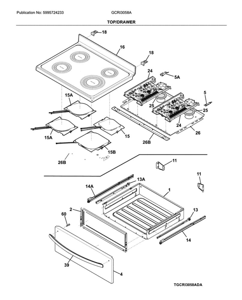 Top/Drawer Diagram and Parts List for GCRI3058ADC  Frigidaire Range