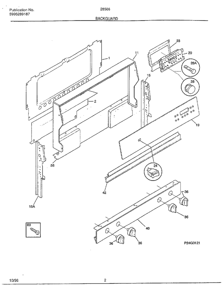 Backguard Diagram and Parts List for 285860B  Frigidaire Range