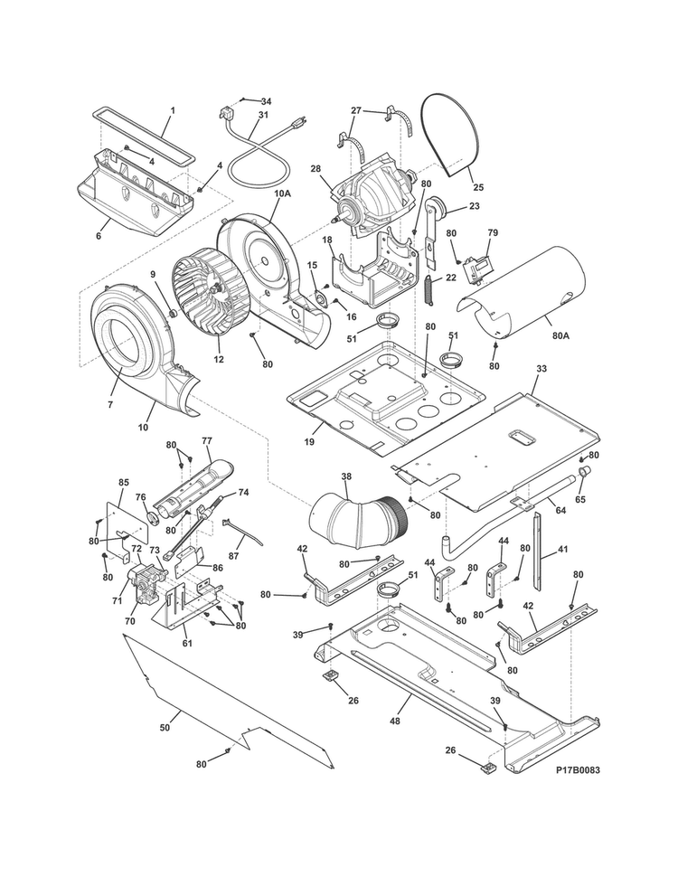 Motor/blower/belt Diagram and Parts List for FFLG4033QT0  Frigidaire Washer Dryer Combo