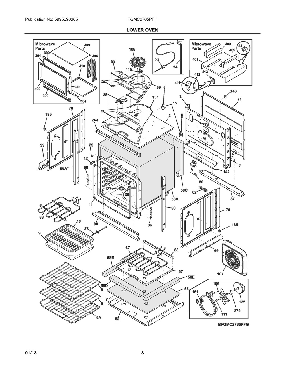 Lower Oven Diagram and Parts List for FGMC2765PFH  Frigidaire Microwave Oven Combo