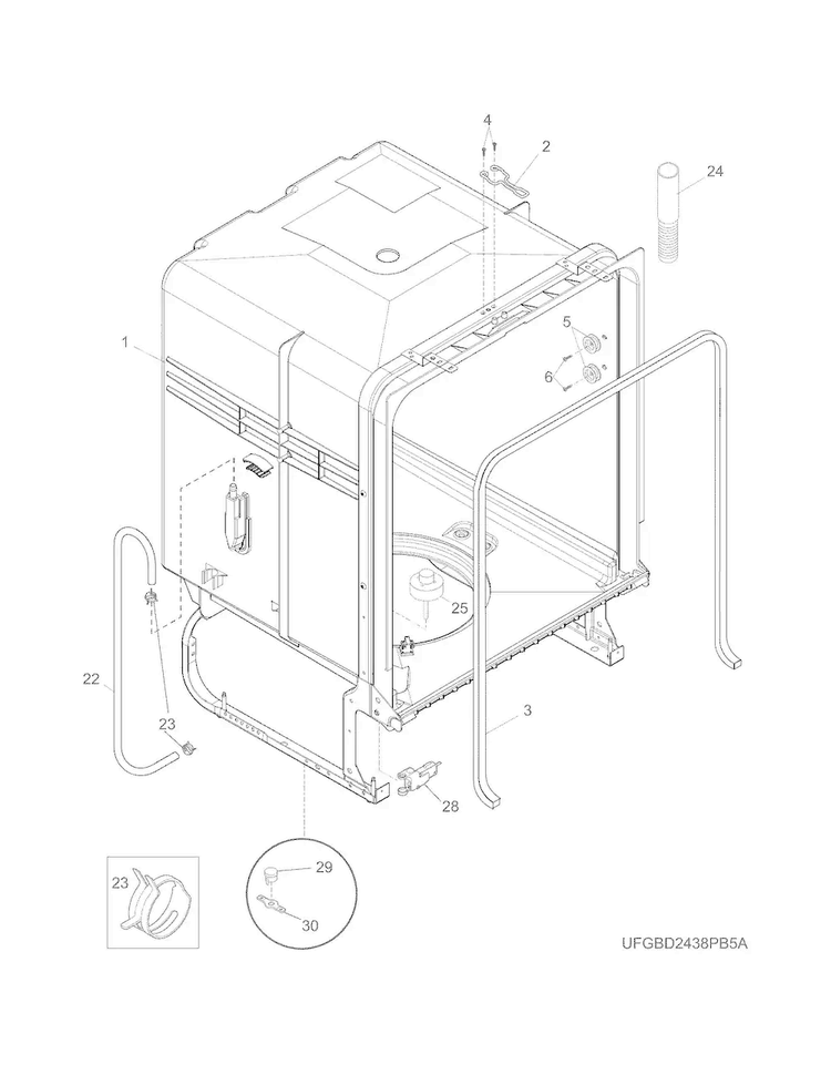 Tub Diagram and Parts List for FGBD2438PW6A  Frigidaire Dishwasher