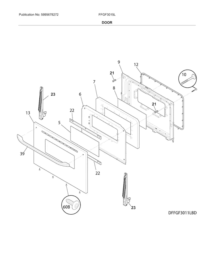 Door Diagram and Parts List for FFGF3015LBG  Frigidaire Range
