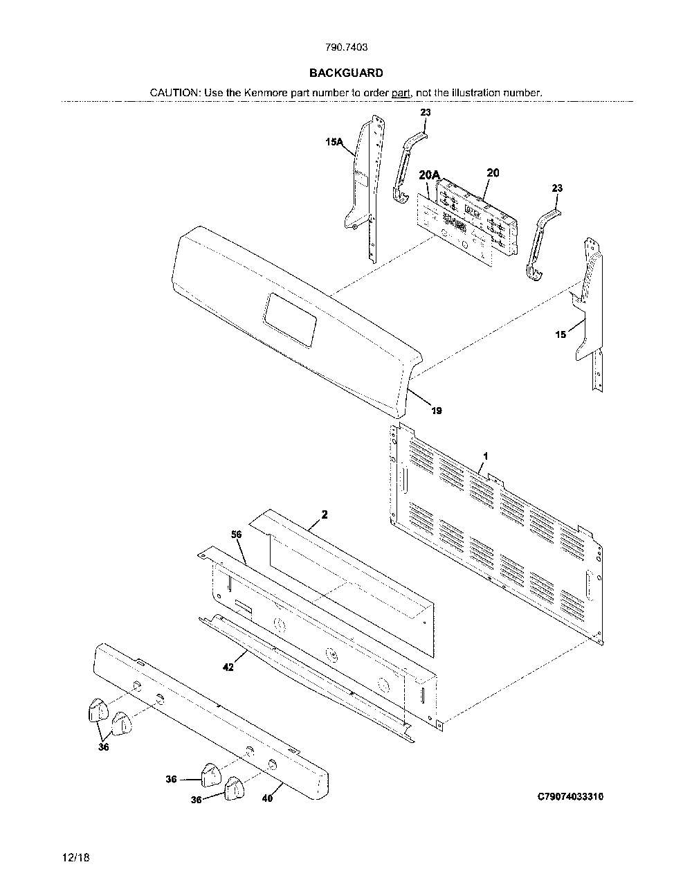 Backguard Diagram and Parts List for 79074032314  Kenmore Range