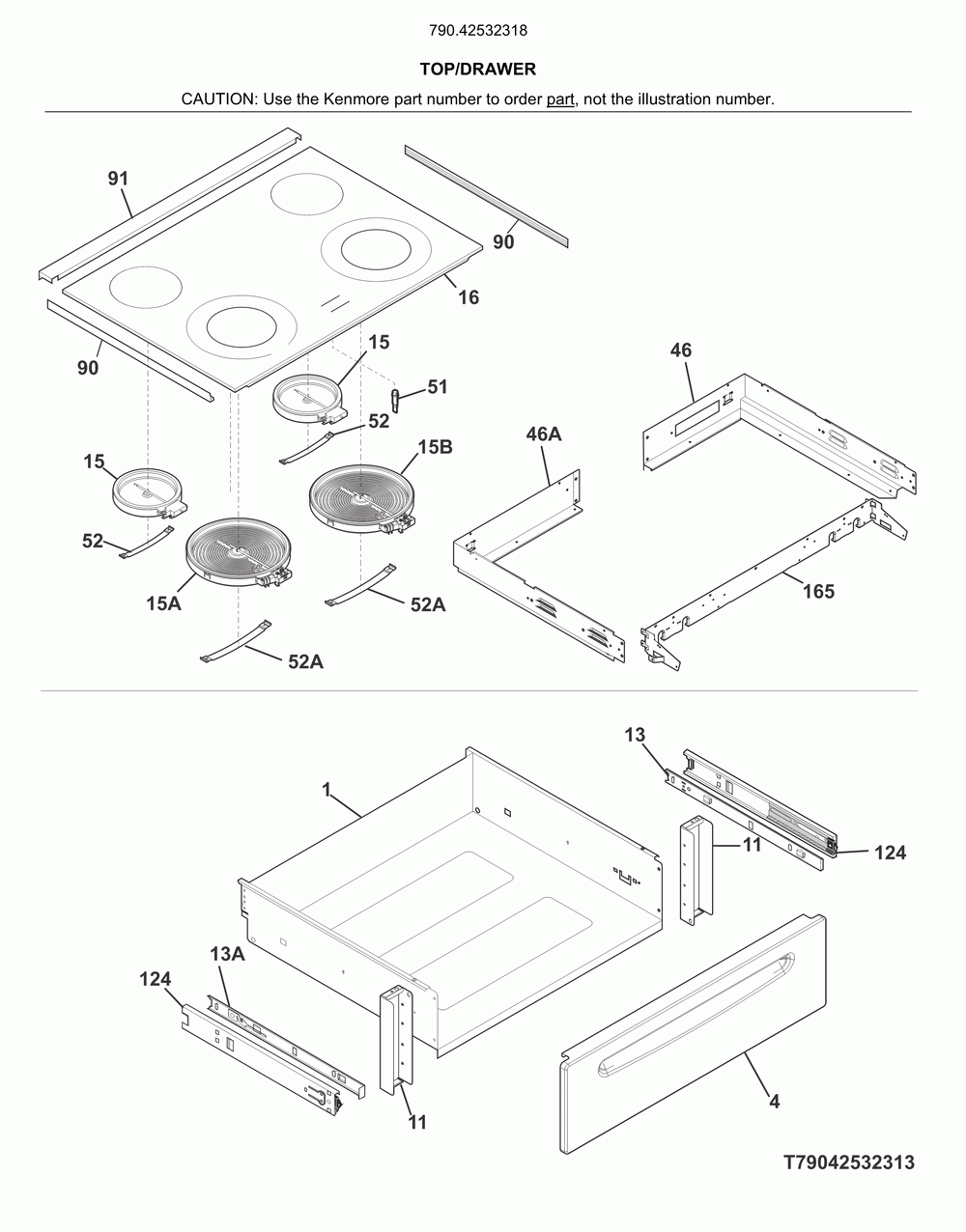 Top/drawer Diagram and Parts List for 79042532318  Kenmore Range