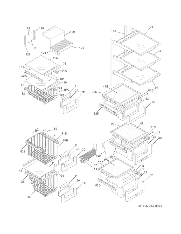 Shelves Diagram and Parts List for EI23CS35KS2  Electrolux Refrigerator