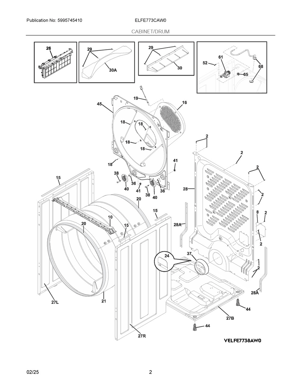 Cabinet/Drum Diagram and Parts List for ELFE773CAW0  Frigidaire Dryer