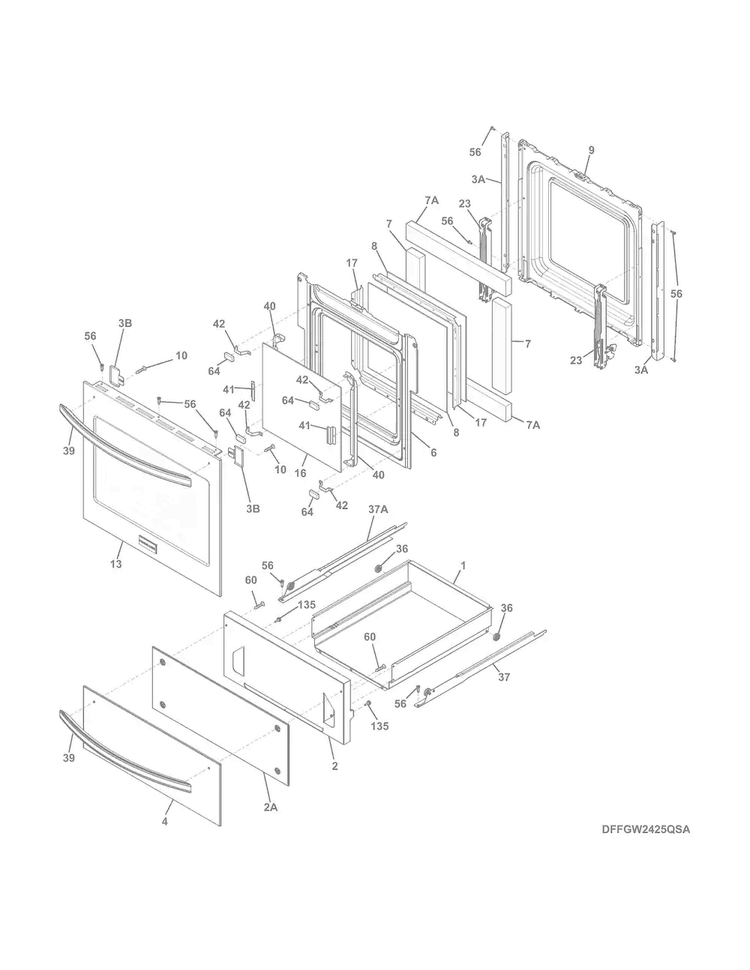 Door/drawer Diagram and Parts List for FFGW2425QSA  Frigidaire Wall Oven