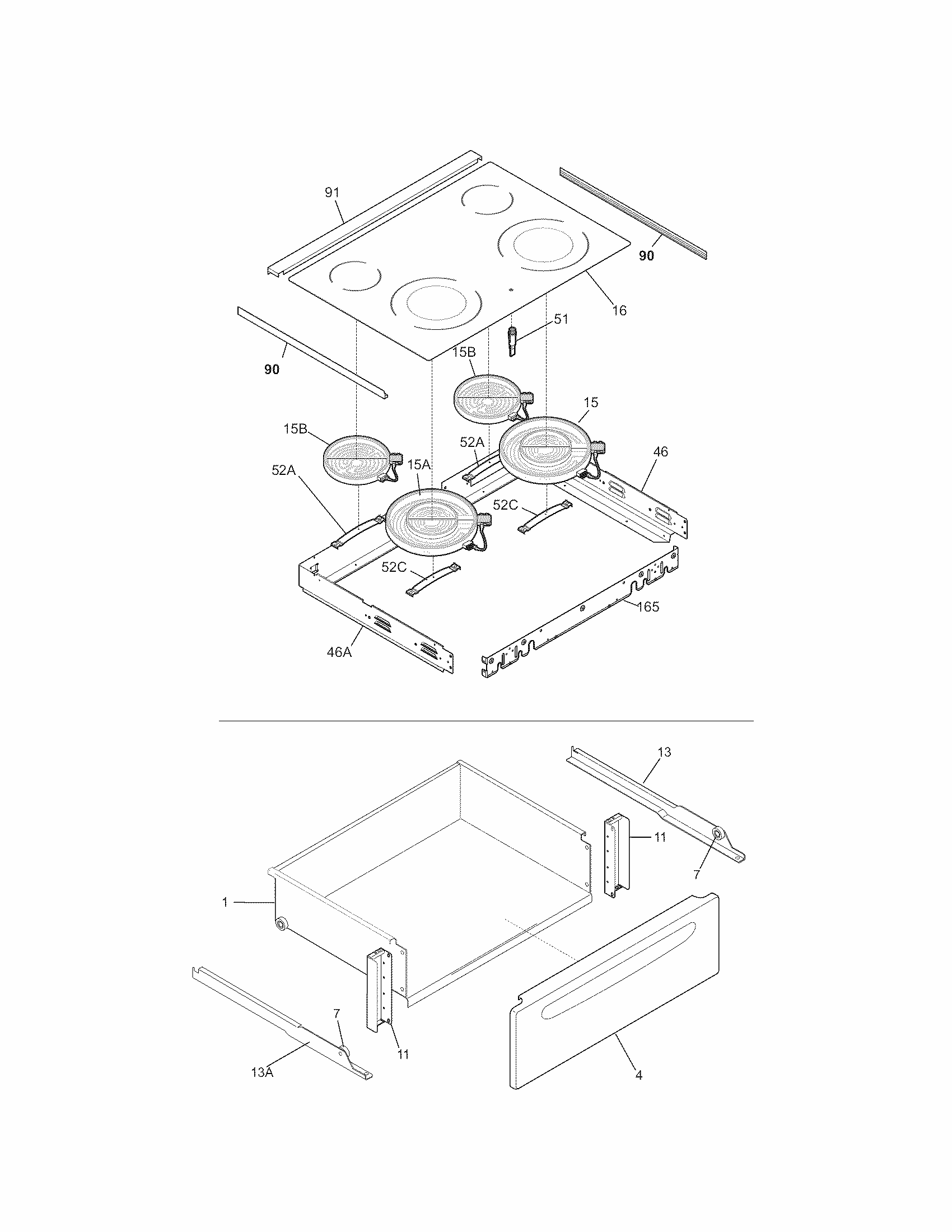 Top/drawer Diagram and Parts List for 79046781904  Kenmore Range