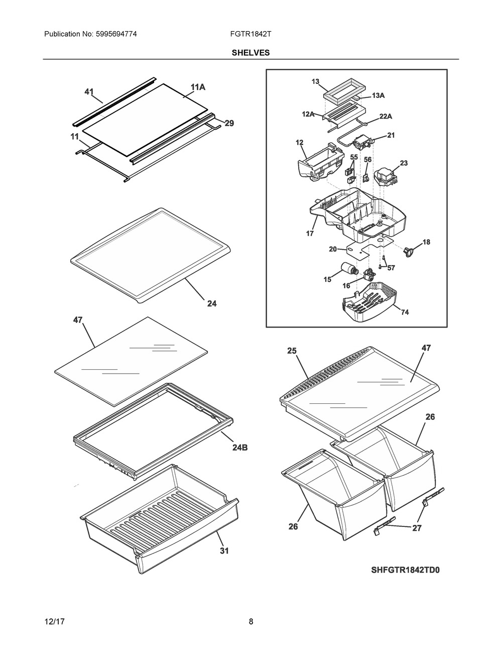 Shelves Diagram and Parts List for FGTR1842TP1  Frigidaire Refrigerator