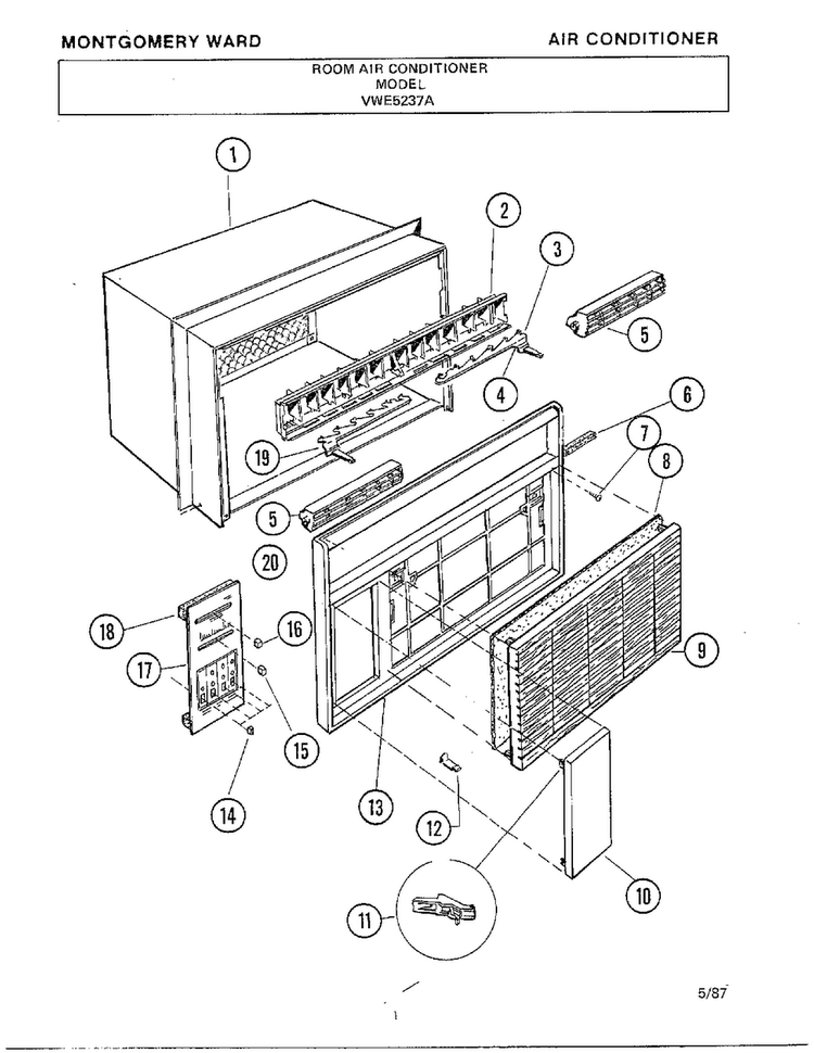 Room Air Conditioner Diagram and Parts List for 5237A  Frigidaire Air Conditioner