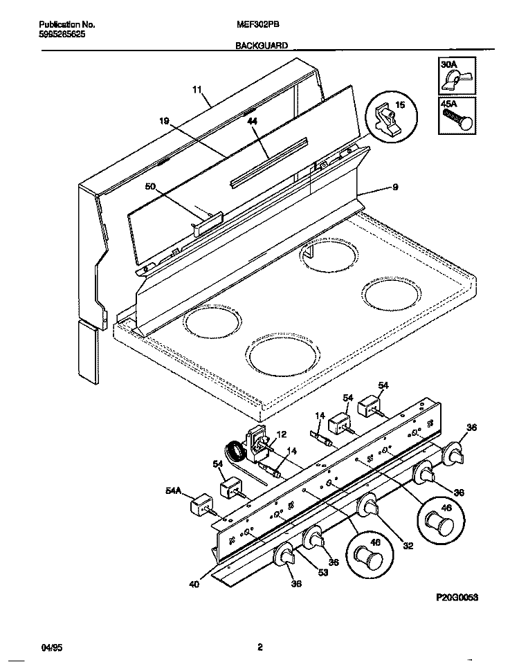 BACKGUARD Diagram and Parts List for MEF302PBWC  Frigidaire Range