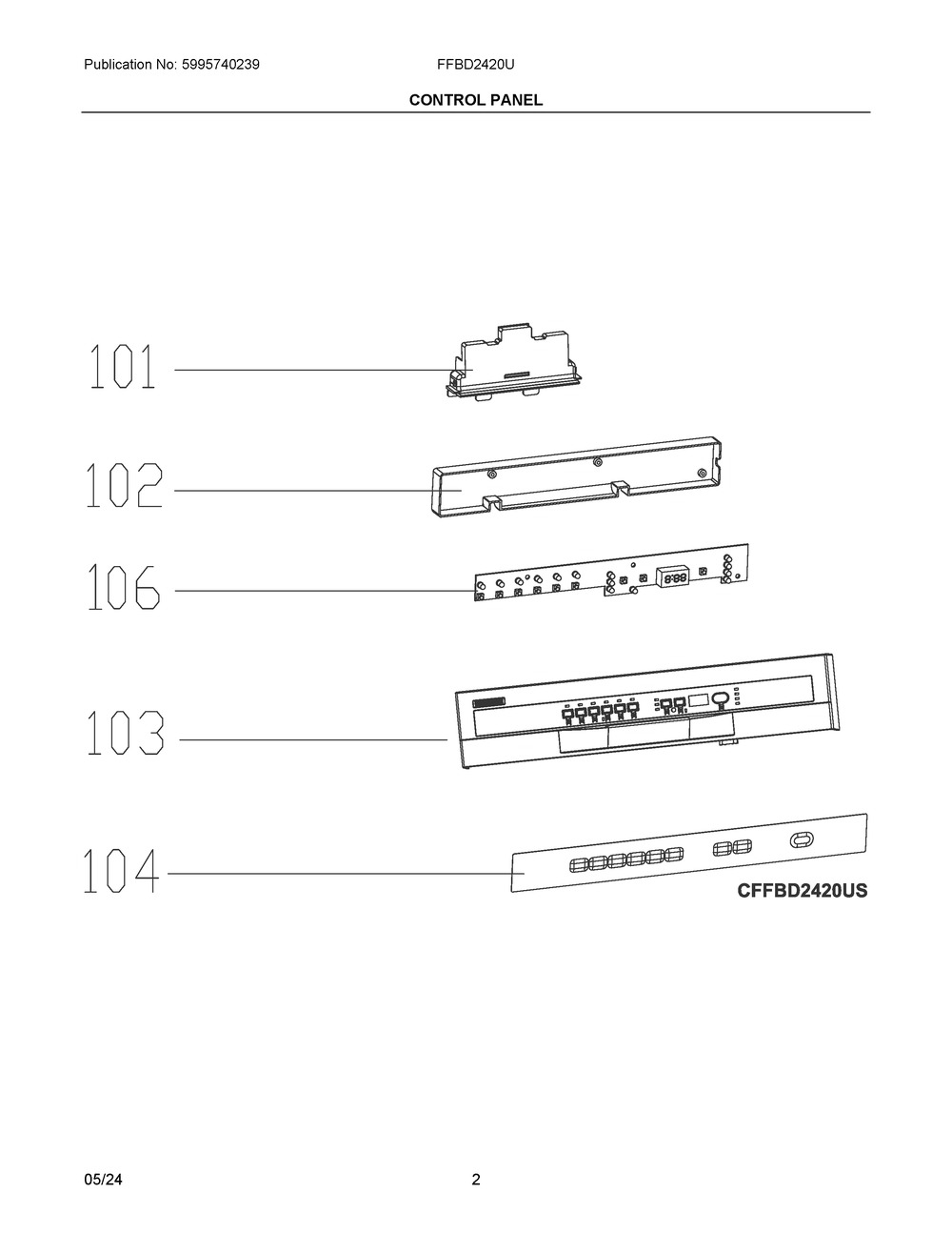 Control Panel Diagram and Parts List for FFBD2420US0A  Frigidaire Dishwasher