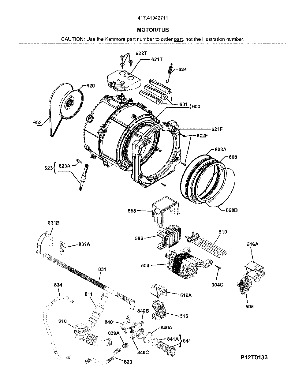 Motor/tub Diagram and Parts List for 41741942711  Kenmore Washer