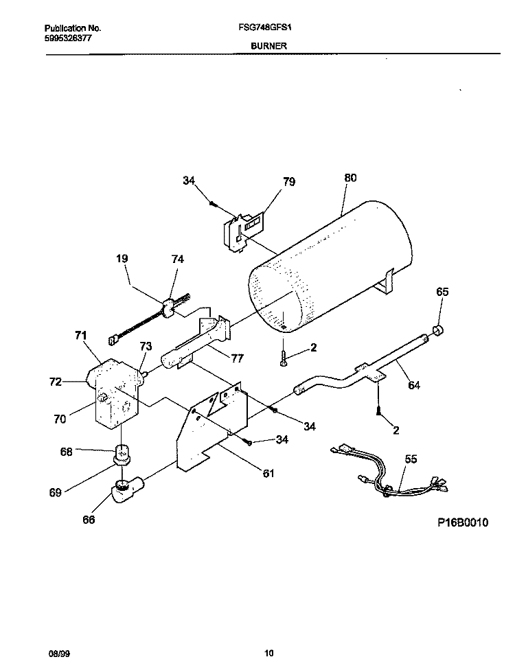 P16B0010 BURNER, VALVE Diagram and Parts List for FSG748GFS1  Frigidaire Dryer