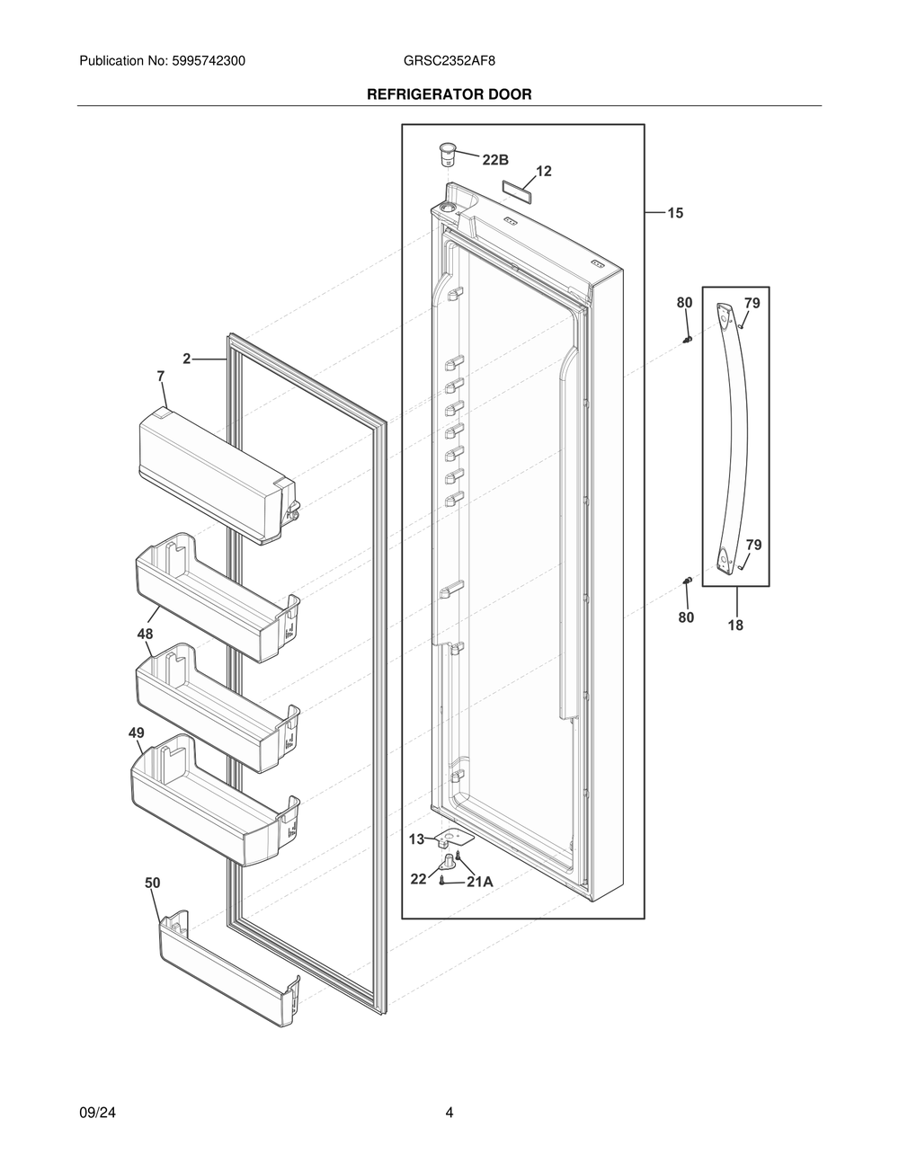 Refrigerator Door Diagram and Parts List for GRSC2352AF8  Frigidaire Refrigerator