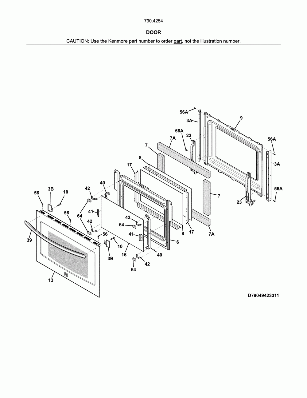 Door Diagram and Parts List for 79042543318  Kenmore Range