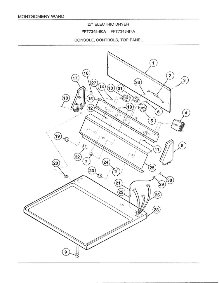 Console, Controls, Top Panel Diagram and Parts List for 7348A  Frigidaire Dryer