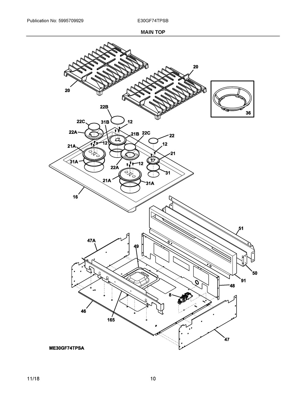 Main Top Diagram and Parts List for E30GF74TPSB  Frigidaire Range