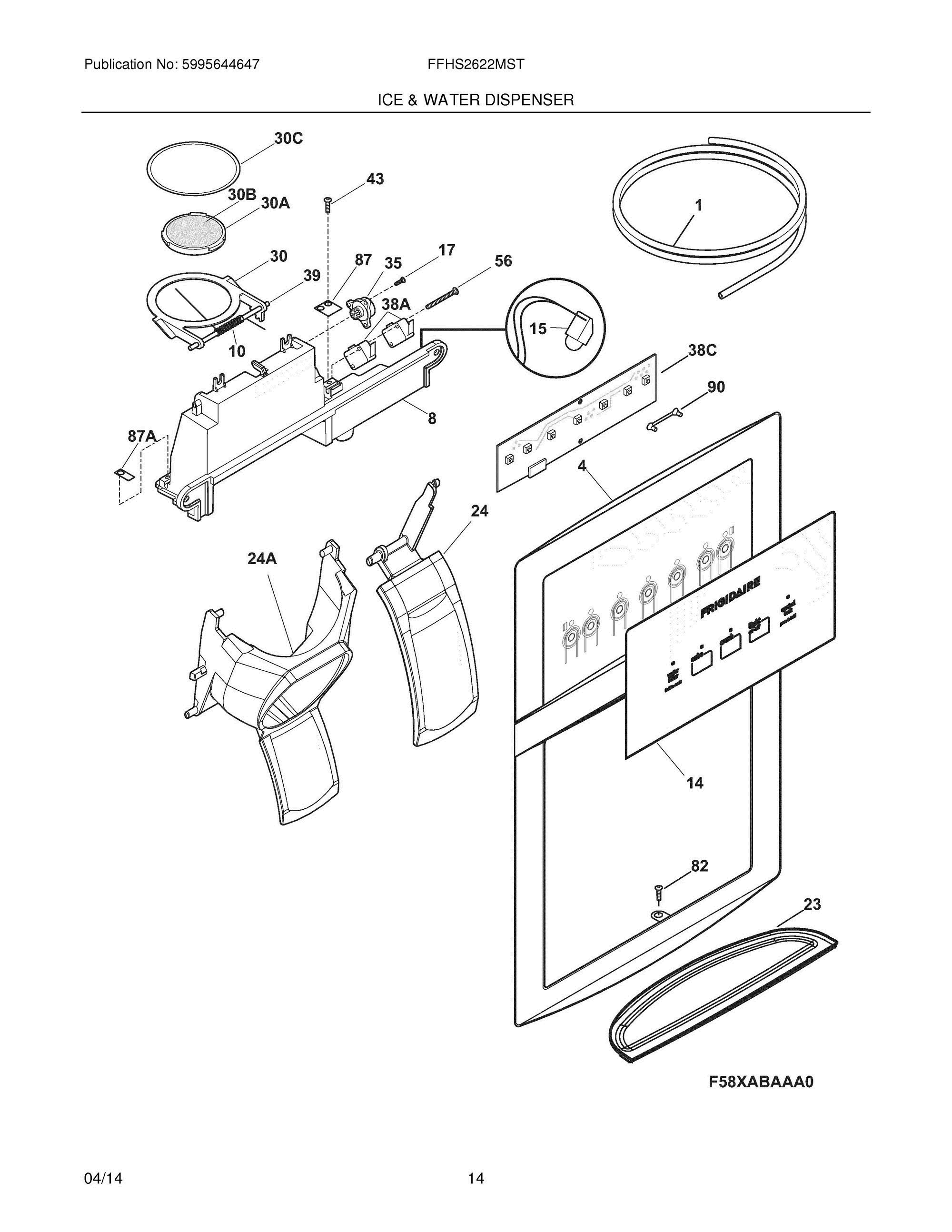 15 - ICE & WATER DISPENSER Diagram and Parts List for FFHS2622MST  Frigidaire Refrigerator