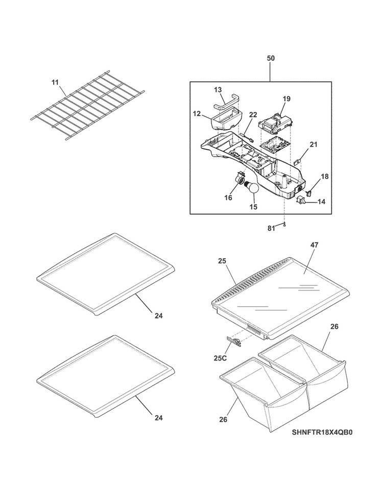 Shelves Diagram and Parts List for NFTR18X4QW0  Frigidaire Refrigerator