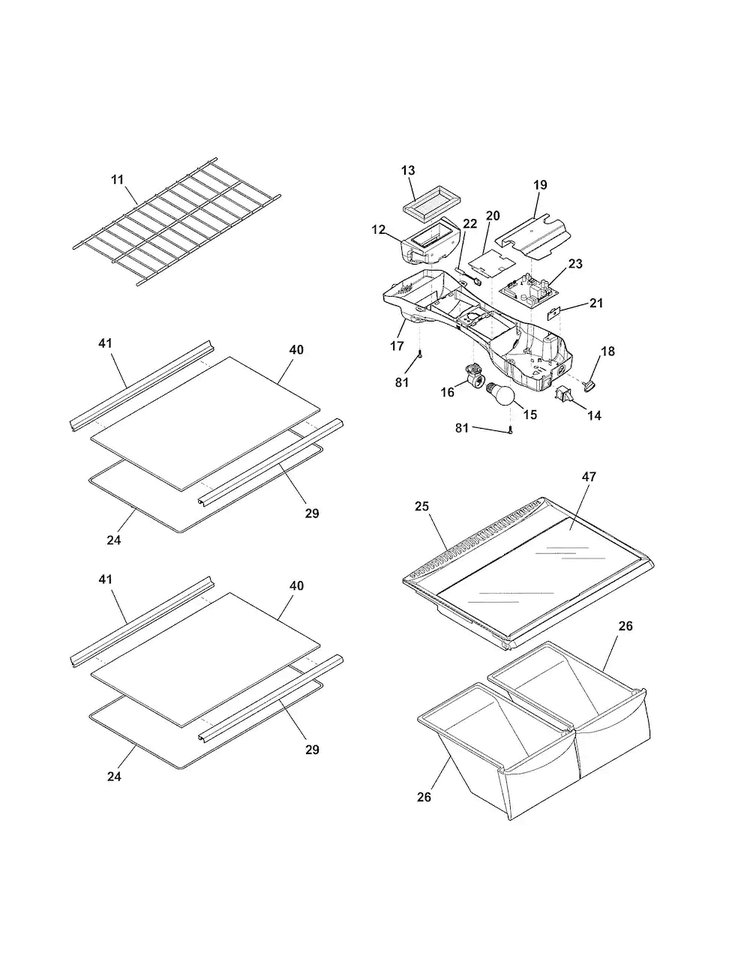 Shelves Diagram and Parts List for 25360304411  Kenmore Refrigerator