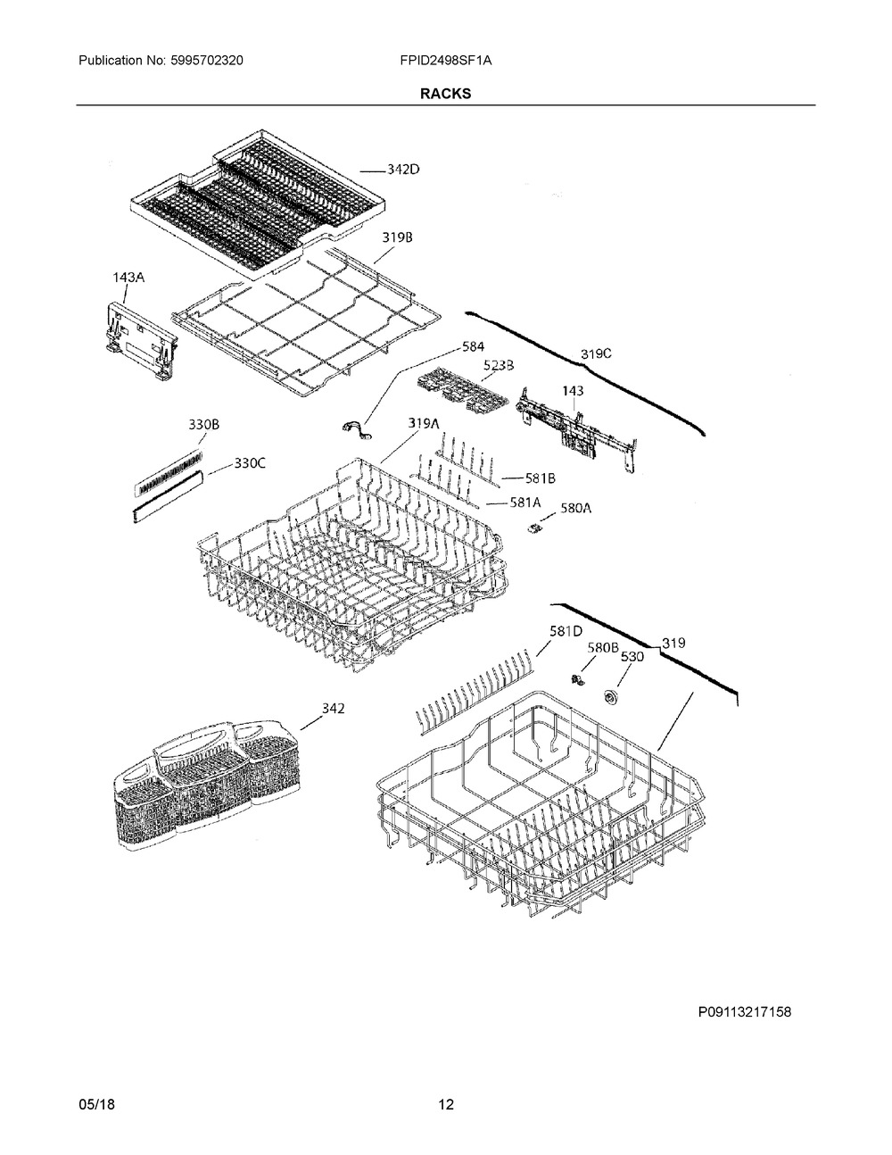 Racks Diagram and Parts List for FPID2498SF1A  Frigidaire Dishwasher