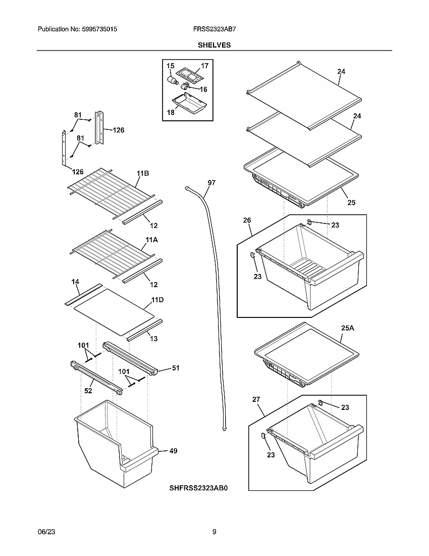 Shelves Diagram and Parts List for FRSS2323AB7  Frigidaire Refrigerator