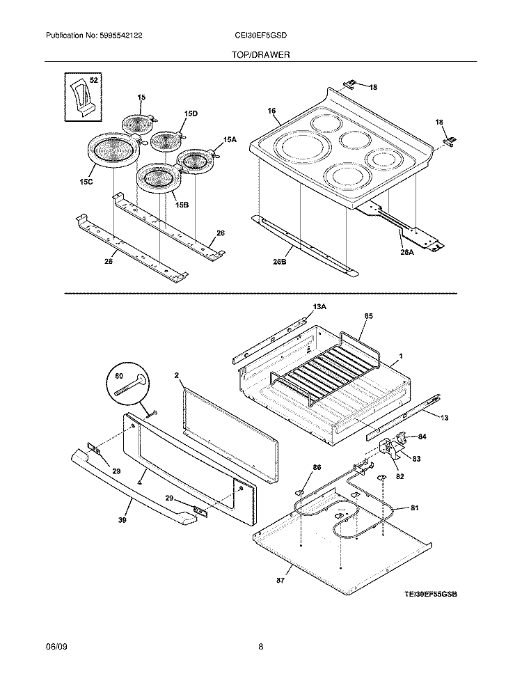 TOP/DRAWER Diagram and Parts List for CEI30EF5GSD  Electrolux Range