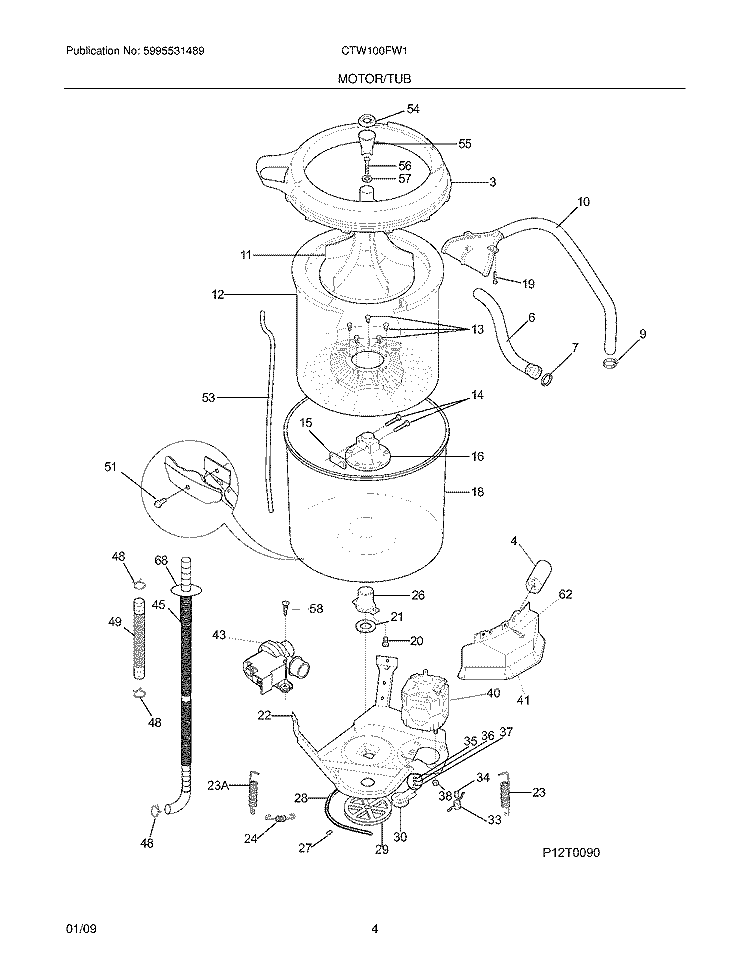 MOTOR/TUB Diagram and Parts List for CTW100FW1  Crosley Washer