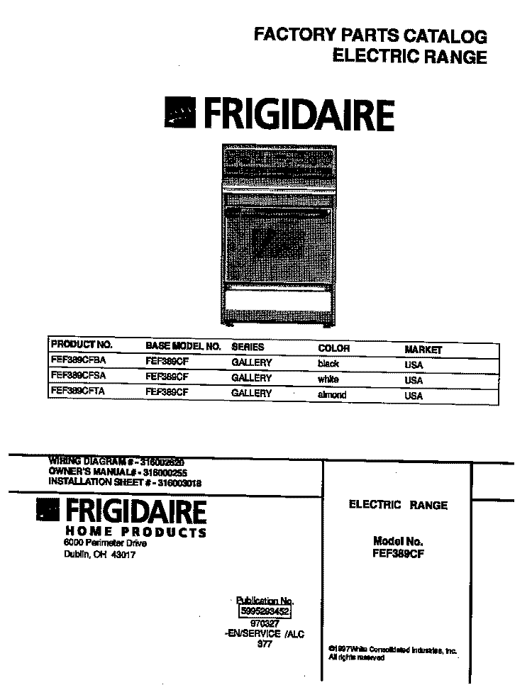 COVER Diagram and Parts List for FEF389CFTA  Frigidaire Range